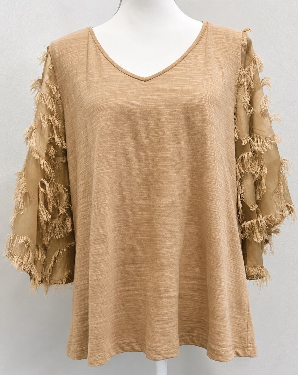 Andthewhy Women’s Small Tan Boho Fringe Bell Sleeve Top